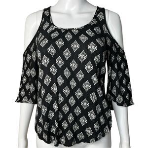 Eyeshadow Boho Patterned Cold Shoulder Long Sleeve Blouse Black & White XS